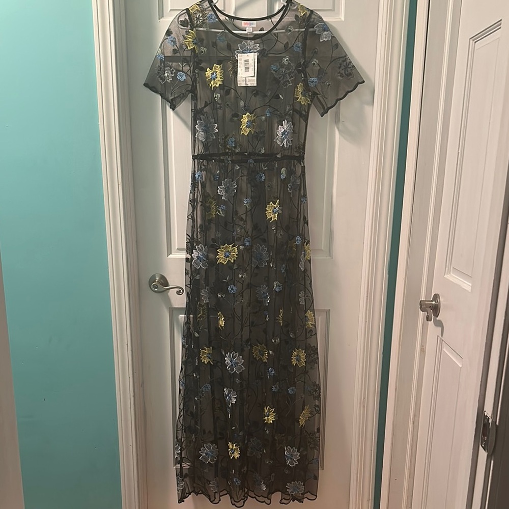 LuLaRoe Sheer Black Maxi Dress with Blue and Yellow Floral Design